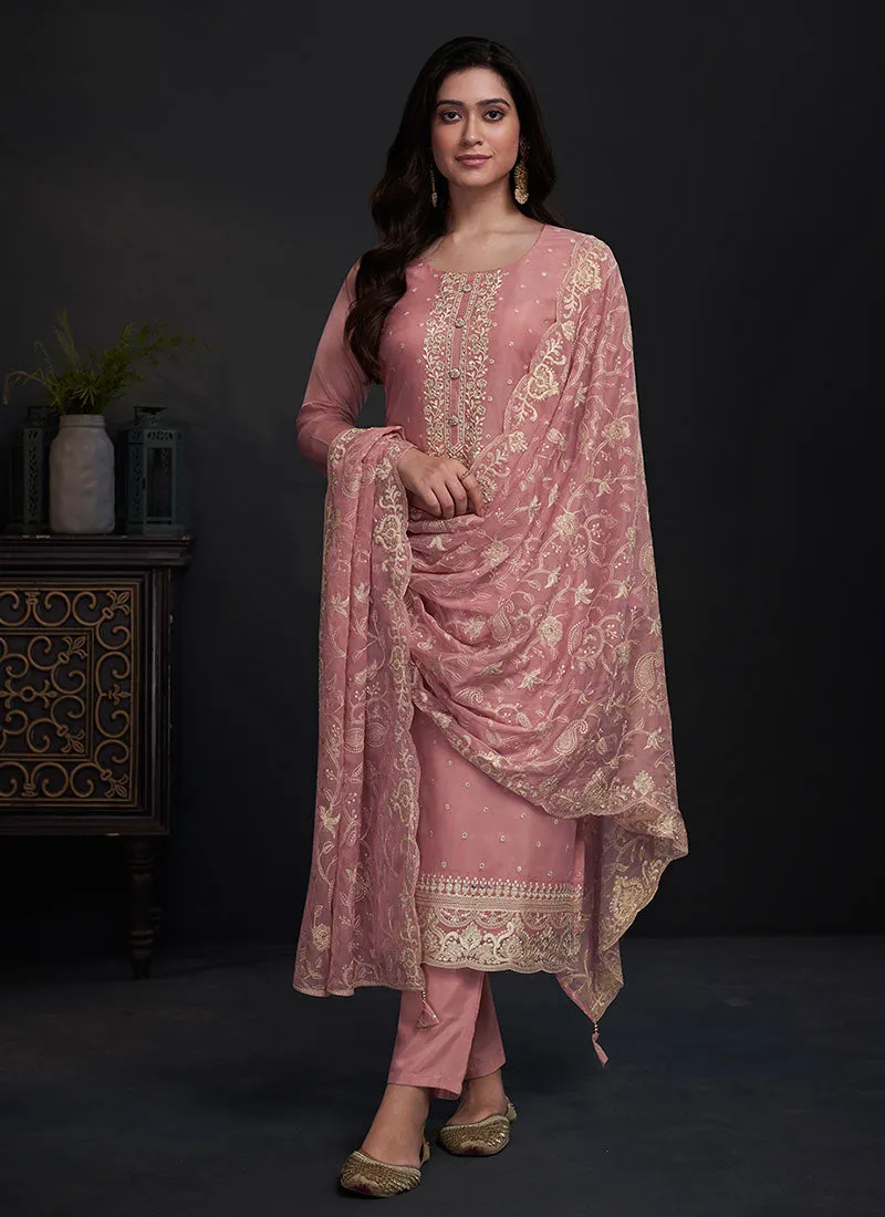 Pink Embroidery Straight Cut Pant Style Salwar Suit