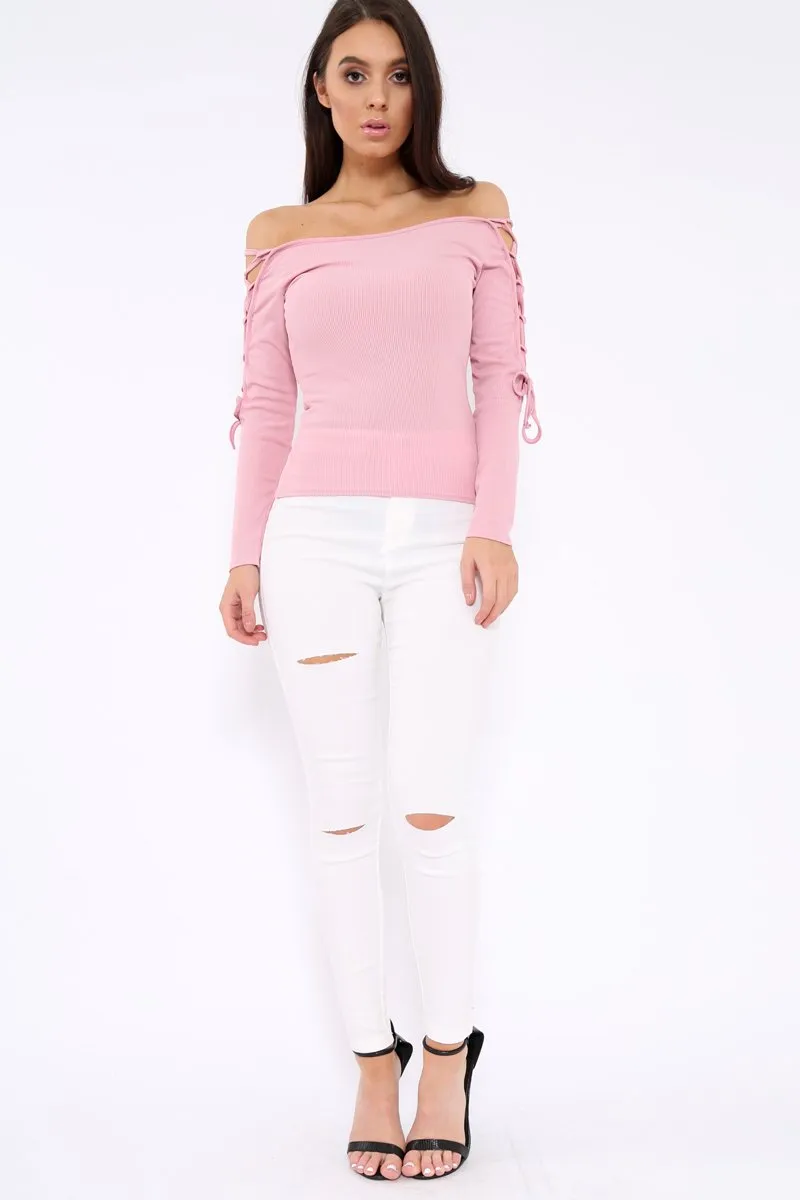Pink Ribbed Bardot Lace up Sleeve Top - Phoenix