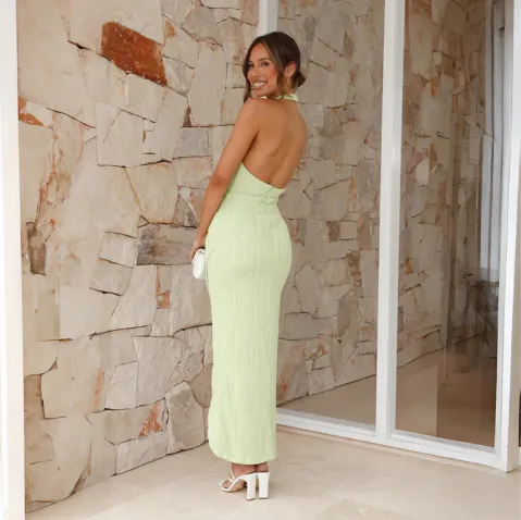 Pleated Halter Wrap Midi Dress