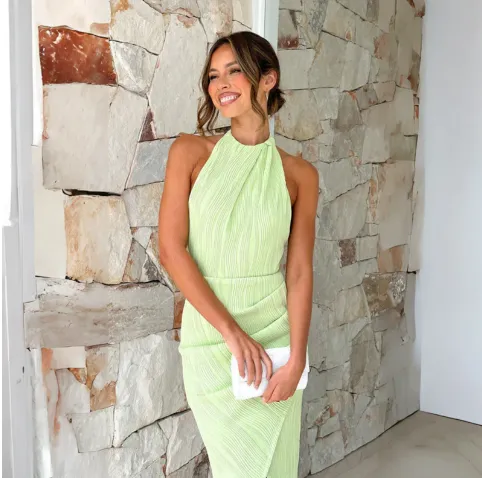 Pleated Halter Wrap Midi Dress