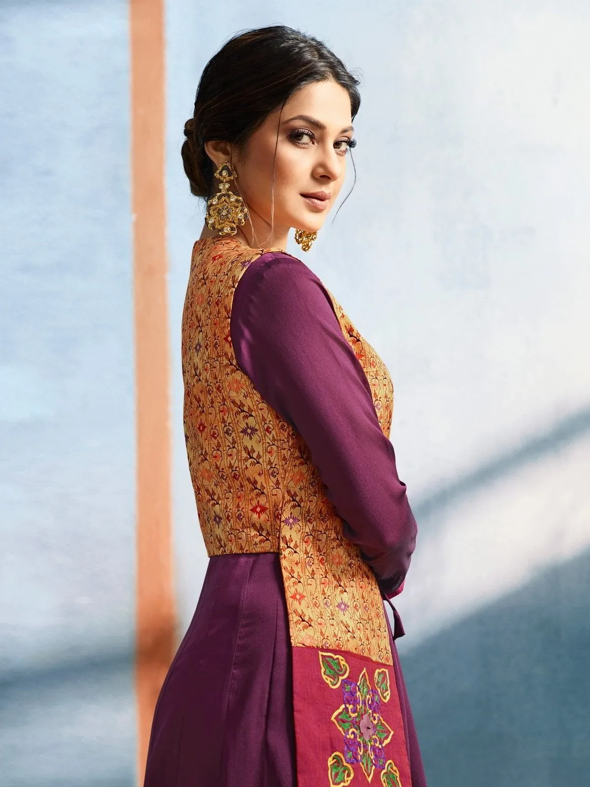Plum Perfection With Mustard Contrasting Jacket Embroidered Designer Anarkali Style Kurti
