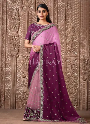 Plum Purple Traditional Zari Embroidered Party Wear Saree