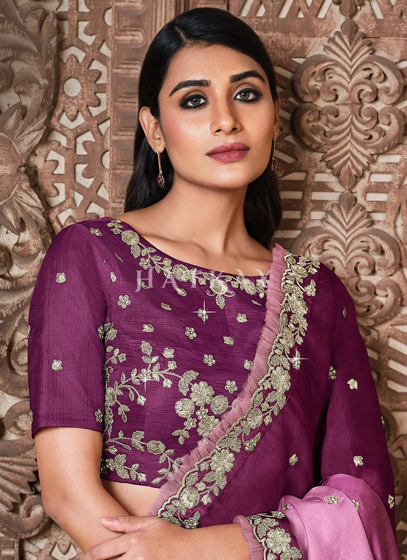 Plum Purple Traditional Zari Embroidered Party Wear Saree