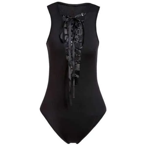 Plunging Neck Sleeveless Lace Up High Cut Bodysuit - Black S