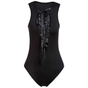 Plunging Neck Sleeveless Lace Up High Cut Bodysuit - Black S