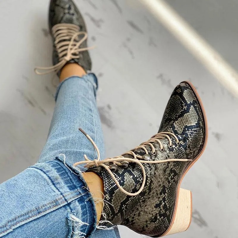 Pointed Toe Lace-up Snakeskin Chunky Heeled Boots