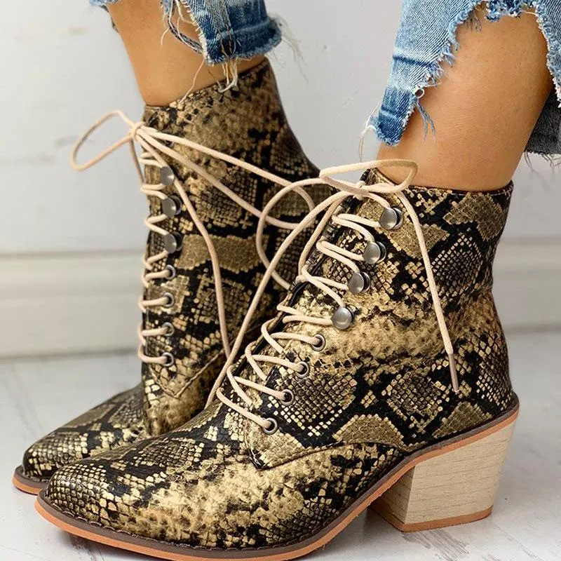 Pointed Toe Lace-up Snakeskin Chunky Heeled Boots