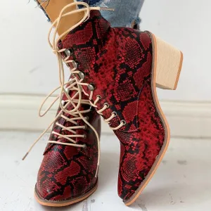 Pointed Toe Lace-up Snakeskin Chunky Heeled Boots
