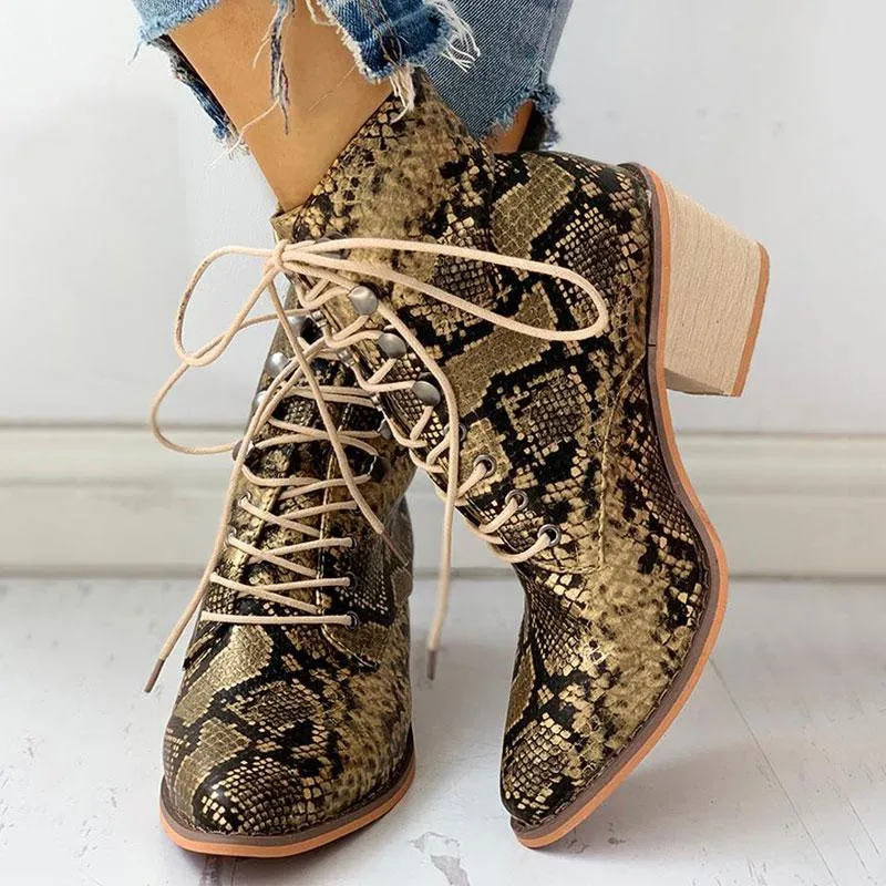 Pointed Toe Lace-up Snakeskin Chunky Heeled Boots