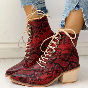 Pointed Toe Lace-up Snakeskin Chunky Heeled Boots