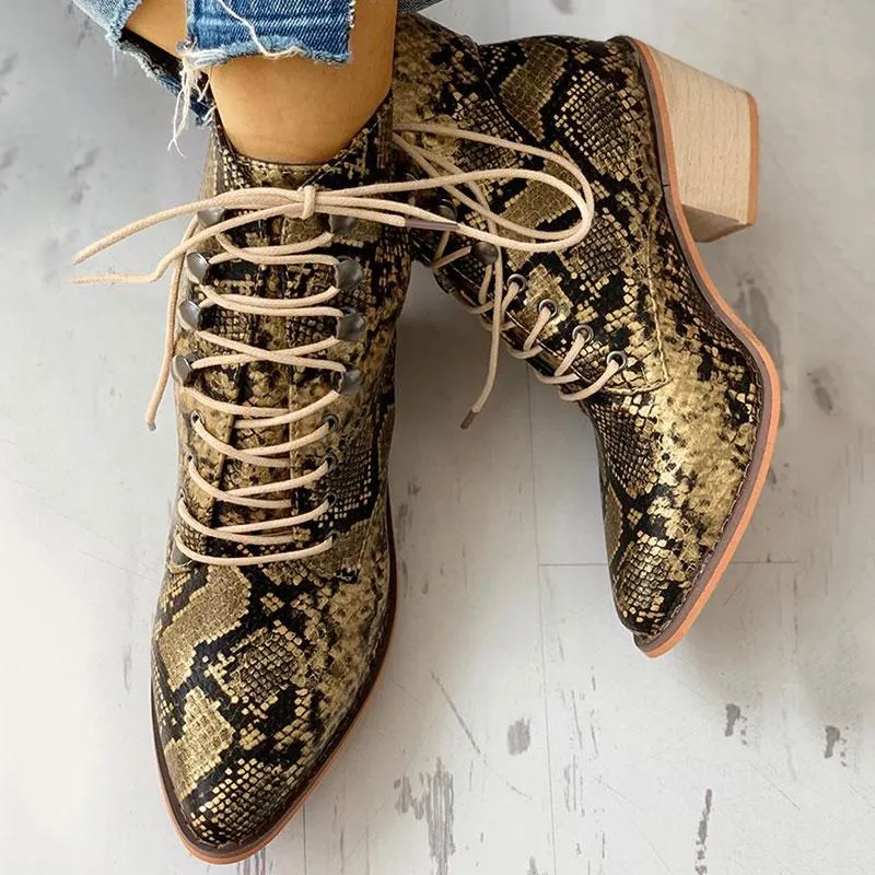 Pointed Toe Lace-up Snakeskin Chunky Heeled Boots