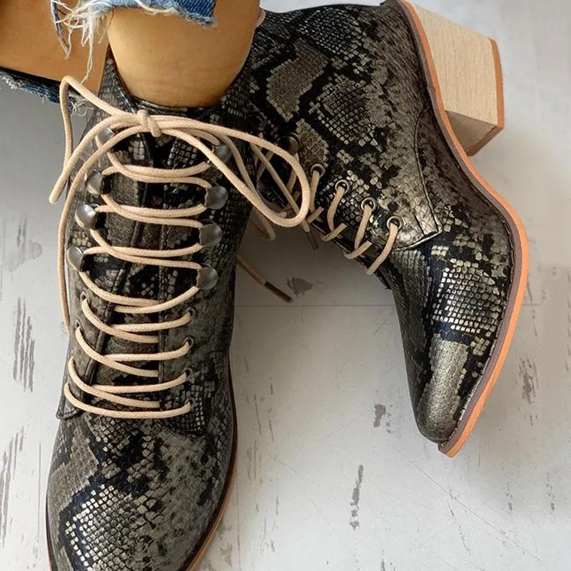 Pointed Toe Lace-up Snakeskin Chunky Heeled Boots