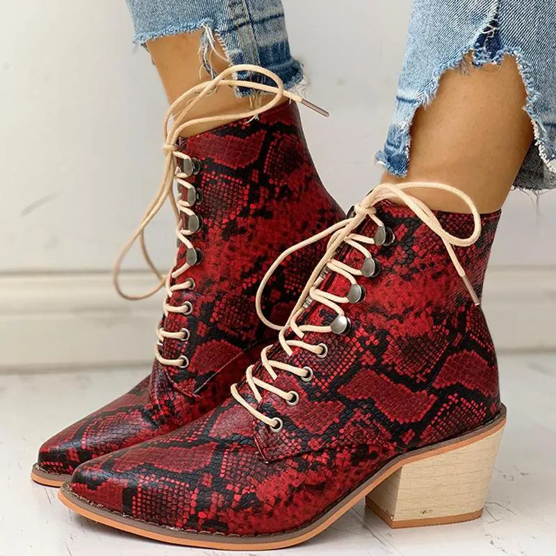 Pointed Toe Lace-up Snakeskin Chunky Heeled Boots