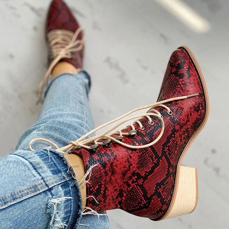 Pointed Toe Lace-up Snakeskin Chunky Heeled Boots