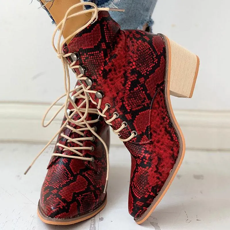 Pointed Toe Lace-up Snakeskin Chunky Heeled Boots