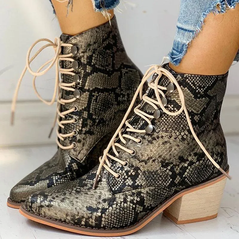 Pointed Toe Lace-up Snakeskin Chunky Heeled Boots
