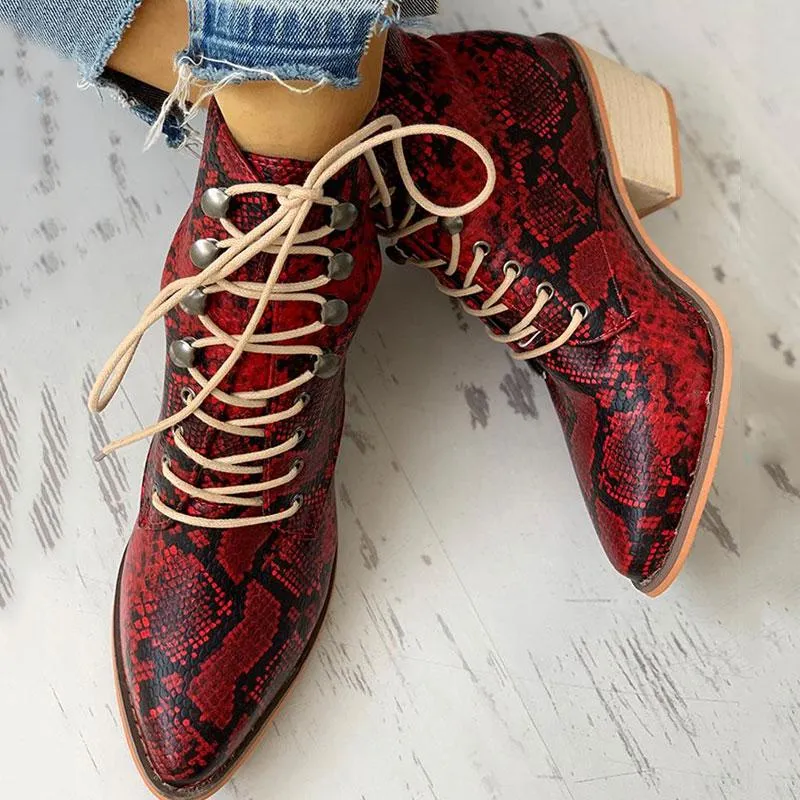 Pointed Toe Lace-up Snakeskin Chunky Heeled Boots