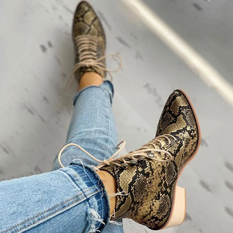 Pointed Toe Lace-up Snakeskin Chunky Heeled Boots