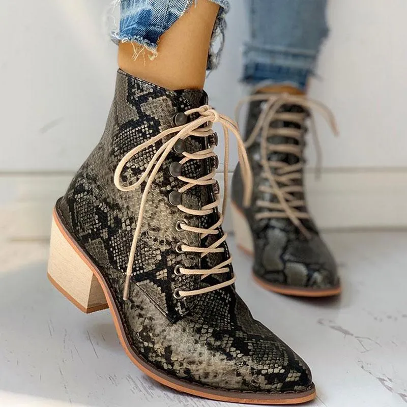 Pointed Toe Lace-up Snakeskin Chunky Heeled Boots