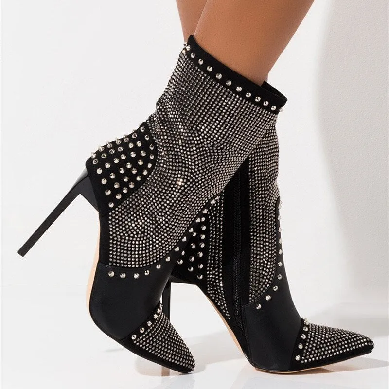 Punk Women Rivet Crystal Martin Boots High Heels Party Shoes