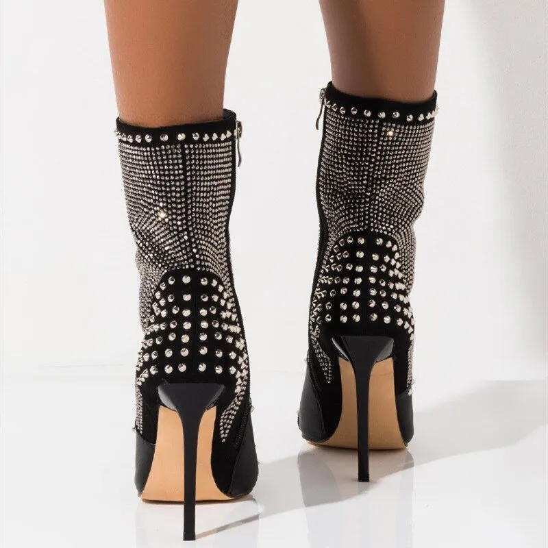Punk Women Rivet Crystal Martin Boots High Heels Party Shoes