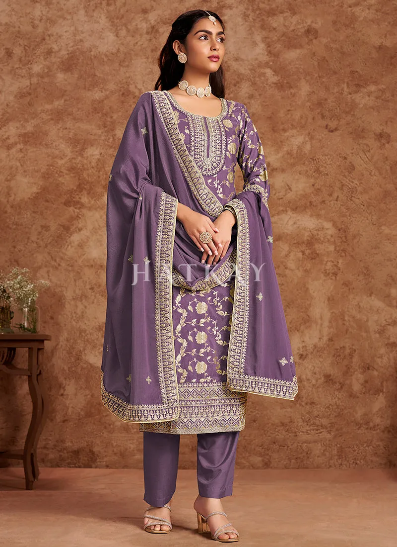 Purple Embroidered Pakistani Pant Style Suit
