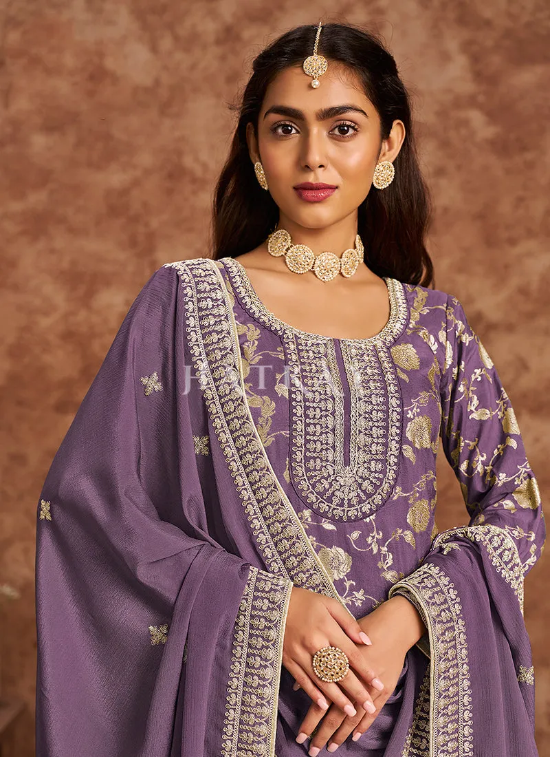 Purple Embroidered Pakistani Pant Style Suit