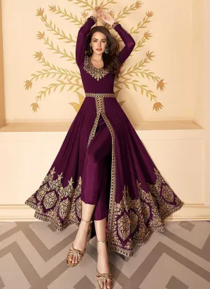 Purple Heavy Embroidered High Slit Style Anarkali