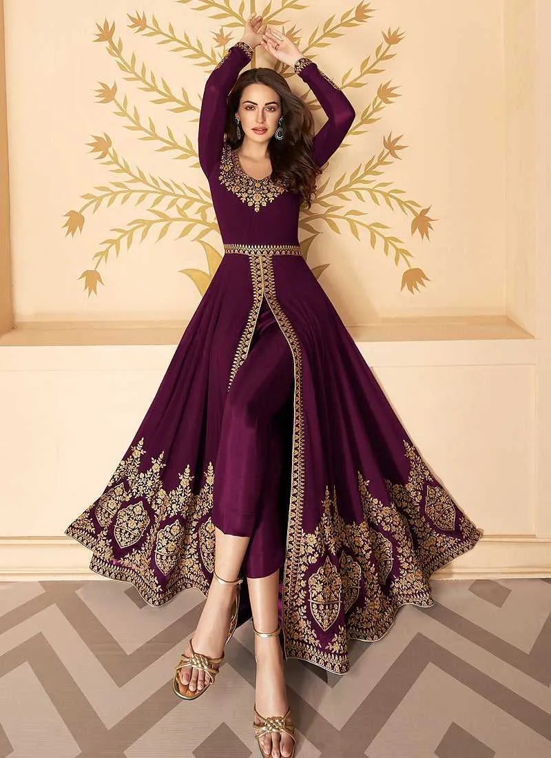 Purple Heavy Embroidered High Slit Style Anarkali