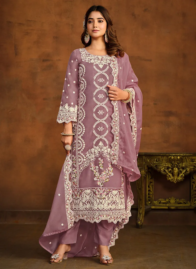 Purple Sequence Embroidery Traditional Pant Style Suit