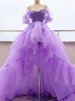 Purple Tulle High Low Prom Dress Sexy Off the Shoulder Sweetheart Prom Evening Dress CTB1514