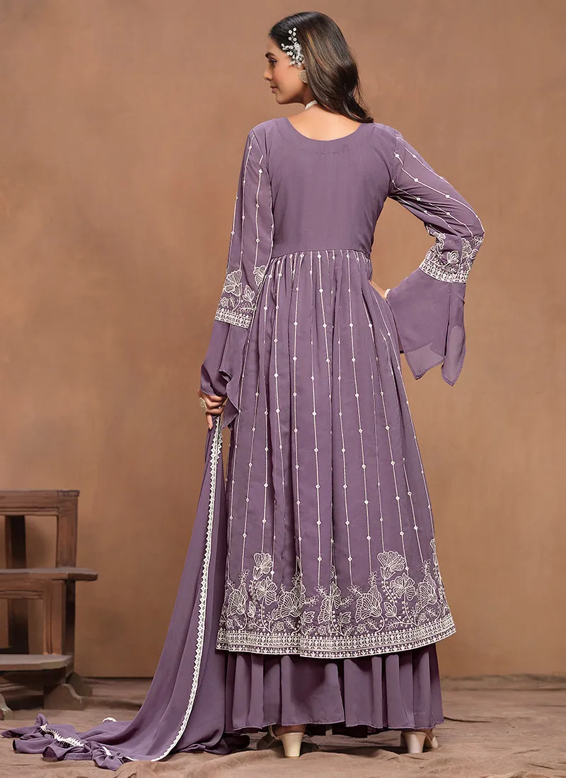Purple White Embroidery Pleated Kurti Palazzo Suit