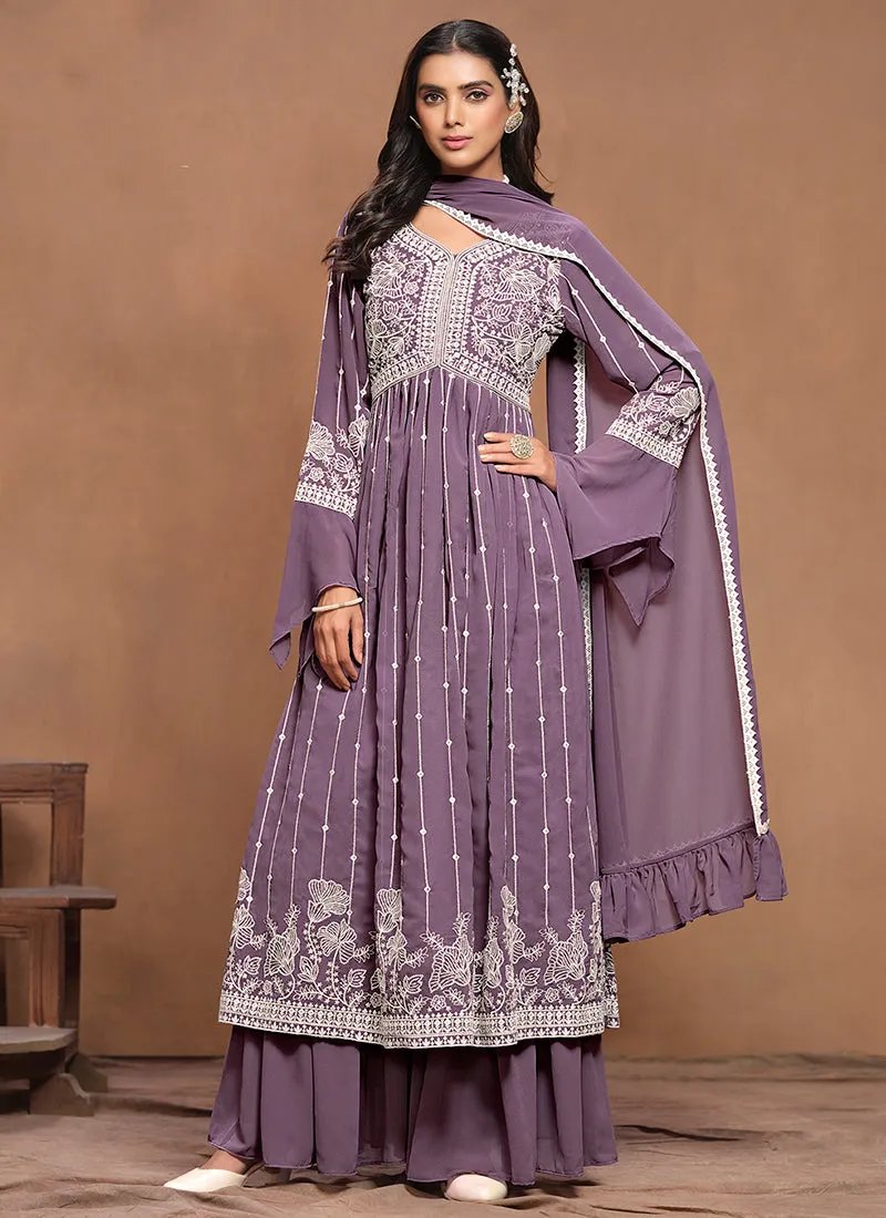 Purple White Embroidery Pleated Kurti Palazzo Suit