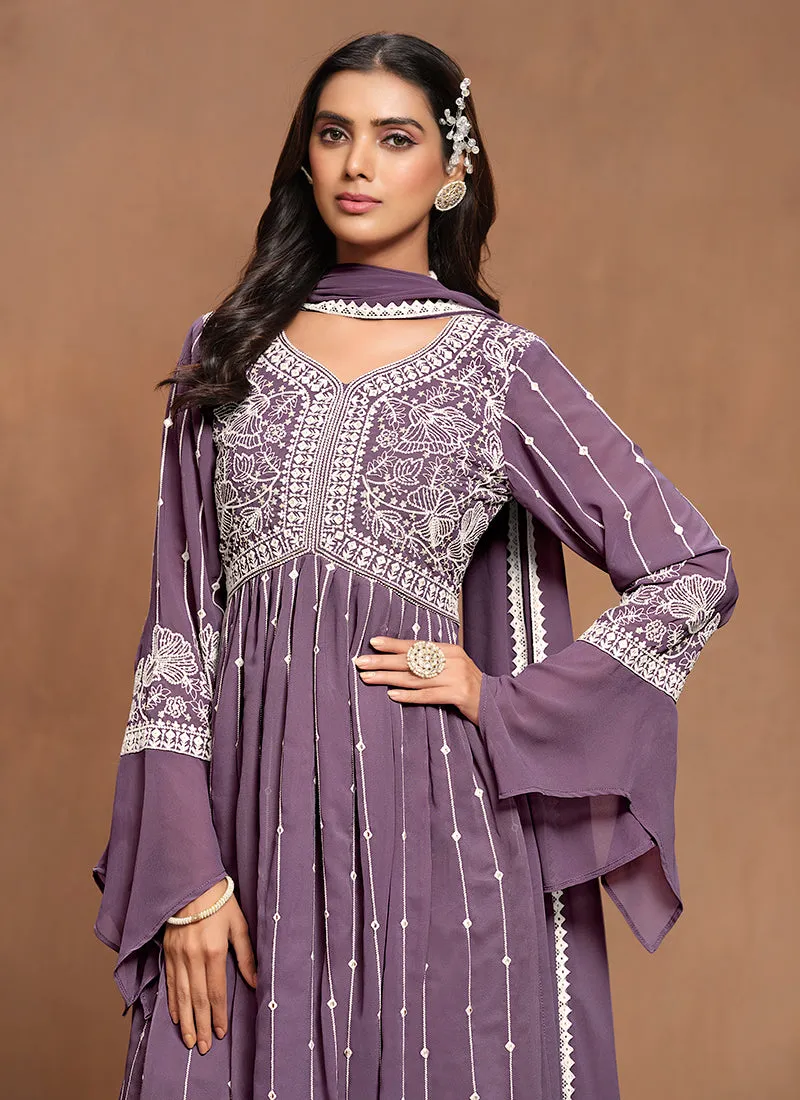 Purple White Embroidery Pleated Kurti Palazzo Suit
