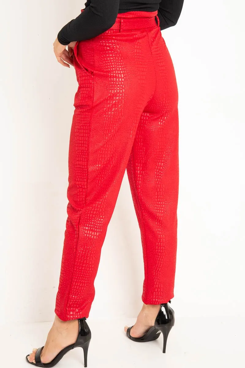 Red Belted Croc Print Tapered Trousers - Aasia