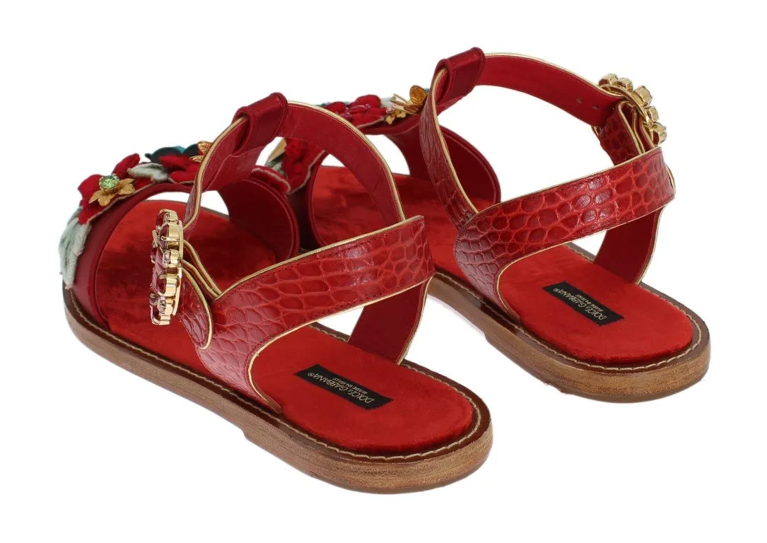 Red Crocodile Crystal Roses Sandals