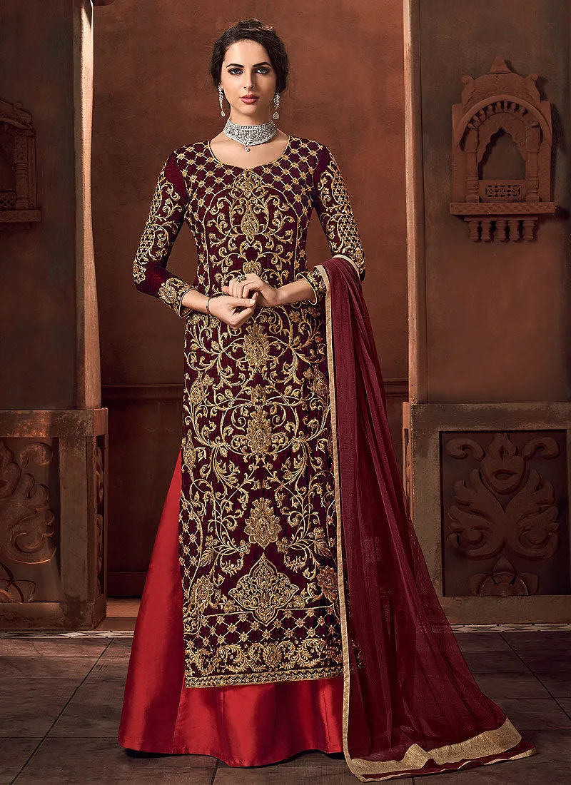 Red Embroidered Lehenga Style Anarkali Suit
