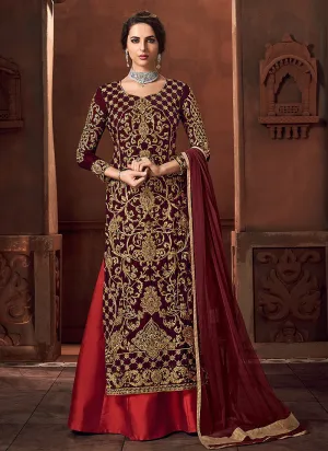Red Embroidered Lehenga Style Anarkali Suit