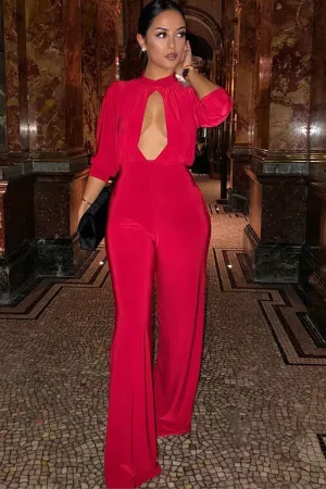 Red Keyhole Front Wide Leg Jumpsuit - Louna
