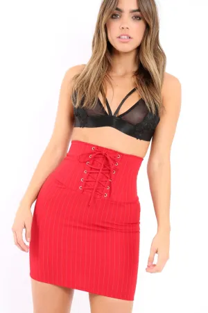 Red Pinstripe Skirt Lace Up Skirt -  Lela