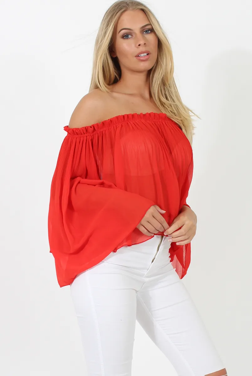 Red Pleated Three Quarter Bell Sleeve Crop - Stacey