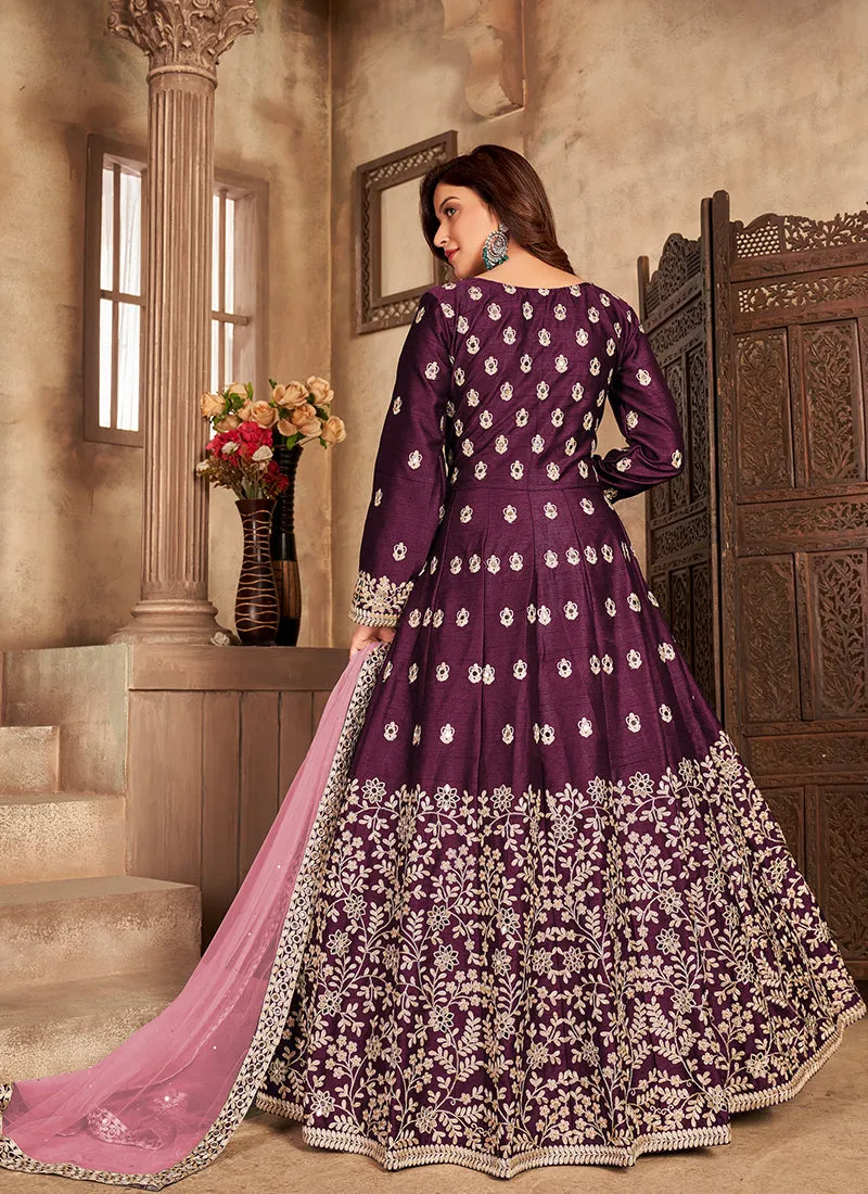Rich Purple Embroidery Slit Style Anarkali Pant Suit