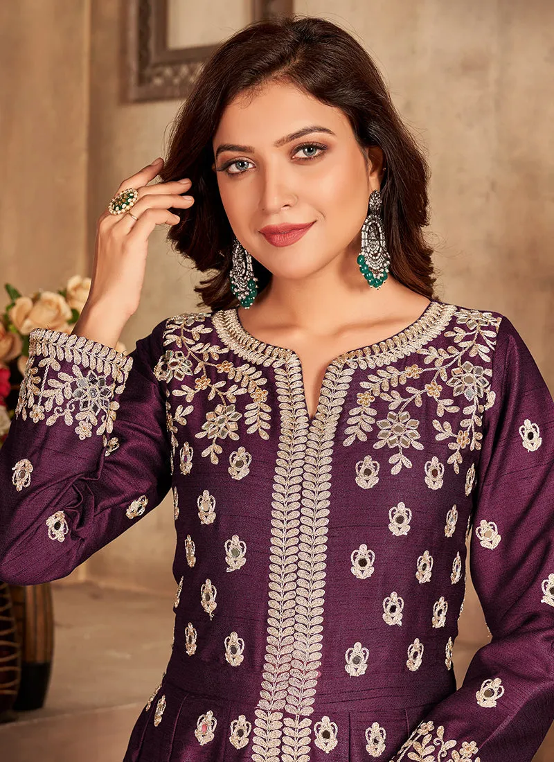 Rich Purple Embroidery Slit Style Anarkali Pant Suit