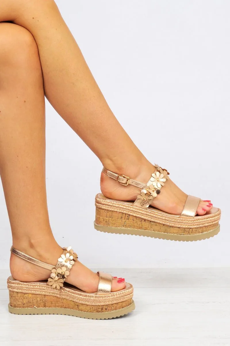 Rose Gold Flower Flatform Ankle Strap Sandals - Rylen