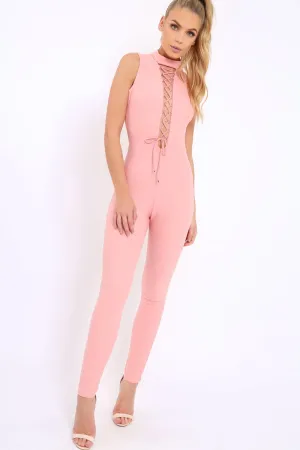 Rose Lace Up Plunge Choker Neck Jumpsuit - Lissy