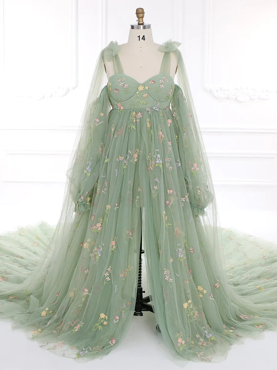 Sage Green Elegant Embroidered Lace Maternity Dress for Photo Shoot Detachable Long Sleeves YW230315