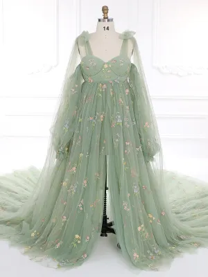 Sage Green Elegant Embroidered Lace Maternity Dress for Photo Shoot Detachable Long Sleeves YW230315