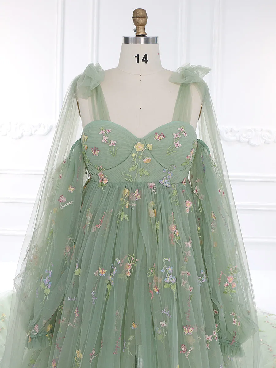 Sage Green Elegant Embroidered Lace Maternity Dress for Photo Shoot Detachable Long Sleeves YW230315