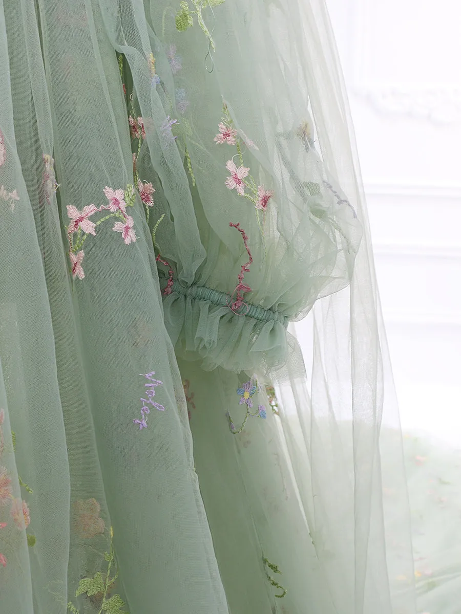 Sage Green Elegant Embroidered Lace Maternity Dress for Photo Shoot Detachable Long Sleeves YW230315