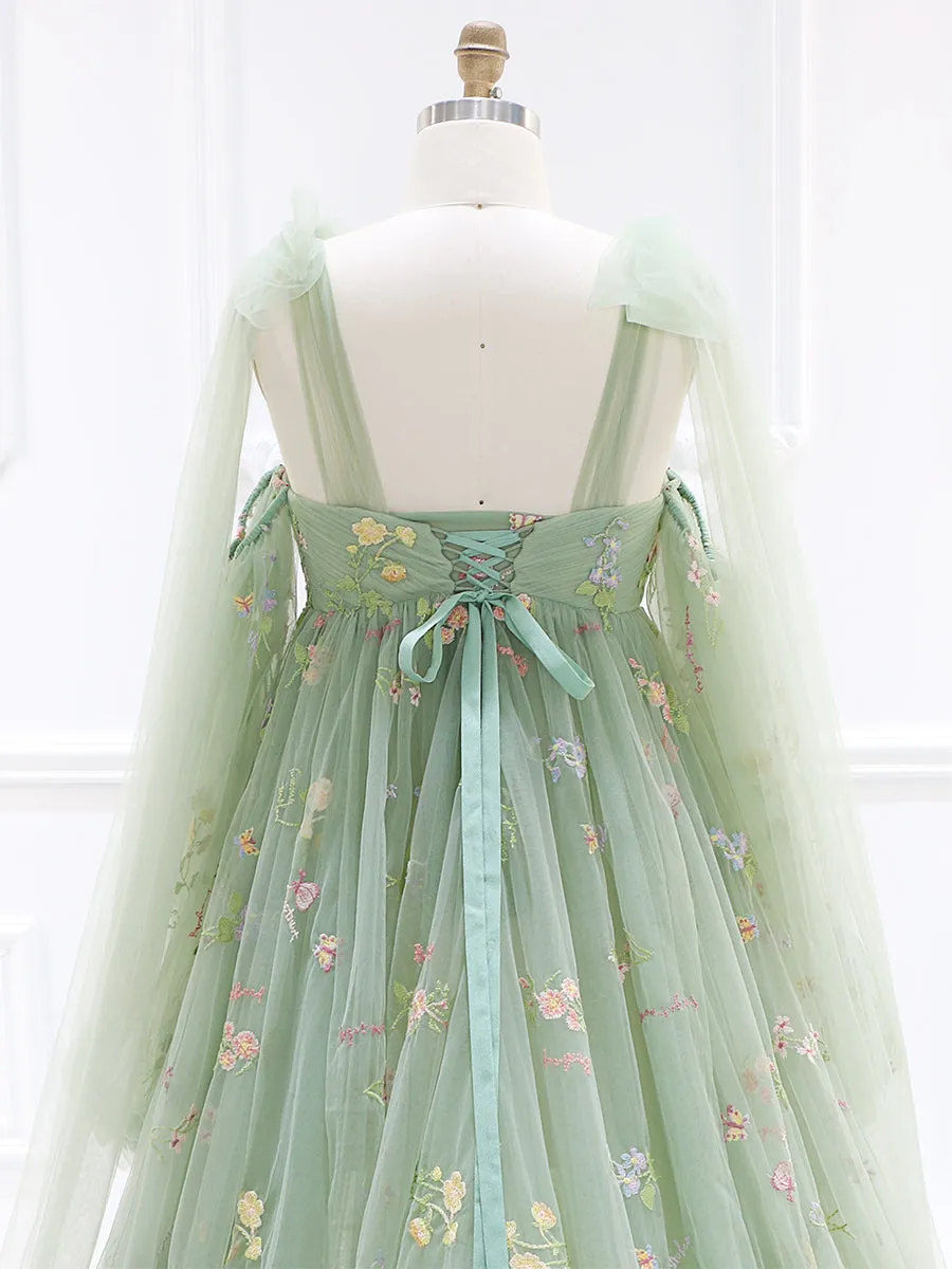 Sage Green Elegant Embroidered Lace Maternity Dress for Photo Shoot Detachable Long Sleeves YW230315